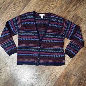Vtg DRESS BARN Alpine Cardigan Sweater L Purple Pink Green Cotton